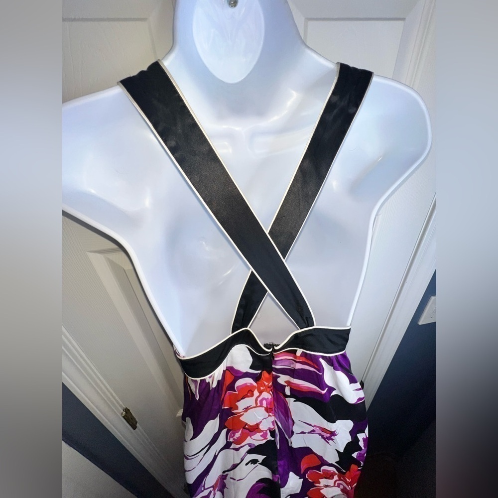 Vtg Banana Republic Petites 8 Black Purple Floral 100% Silk Mini Dress 8P - Picture 8 of 15